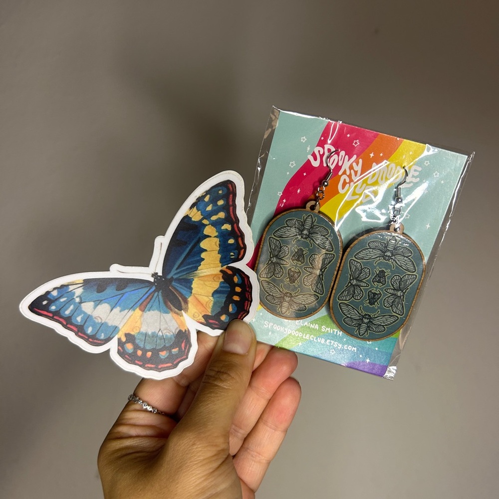 Mossy Moth Earrings & Sticker Bundle Spooky Doodle Club Gift Set Nature Goth